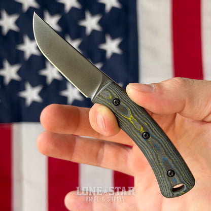 The Back Door: TRM TAGALONG Special Edition DLC Fixed Blade, 2.44" MagnaCut, Bolts Camo Carbon Fiber, Black Leather Sheath - Made in USA (Trade In)