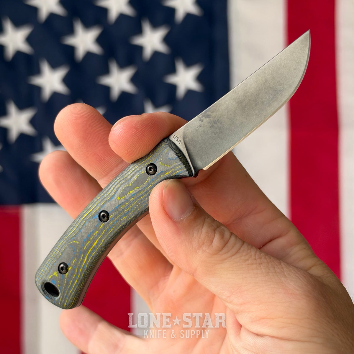 The Back Door: TRM TAGALONG Special Edition DLC Fixed Blade, 2.44" MagnaCut, Bolts Camo Carbon Fiber, Black Leather Sheath - Made in USA (Trade In)