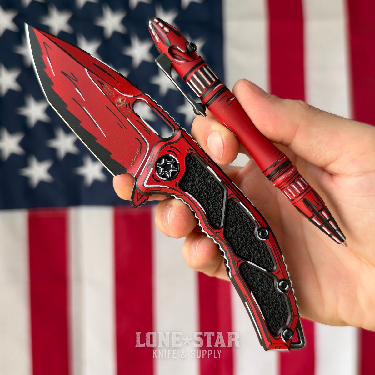 The Back Door: Lone Star Bundle, Heretic Red Cel Shade Set - Medusa Manual Tanto and Thoth Bolt-Action Pen, Serials 138 and 006 - Made in USA (BD-LSB-HERETIC-CELSHADE-RED)
