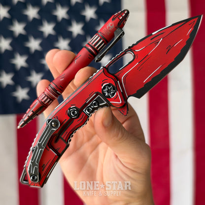 The Back Door: Lone Star Bundle, Heretic Red Cel Shade Set - Medusa Manual Tanto and Thoth Bolt-Action Pen, Serials 138 and 006 - Made in USA (BD-LSB-HERETIC-CELSHADE-RED)