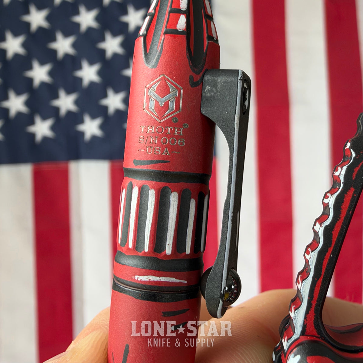 The Back Door: Lone Star Bundle, Heretic Red Cel Shade Set - Medusa Manual Tanto and Thoth Bolt-Action Pen, Serials 138 and 006 - Made in USA (BD-LSB-HERETIC-CELSHADE-RED)