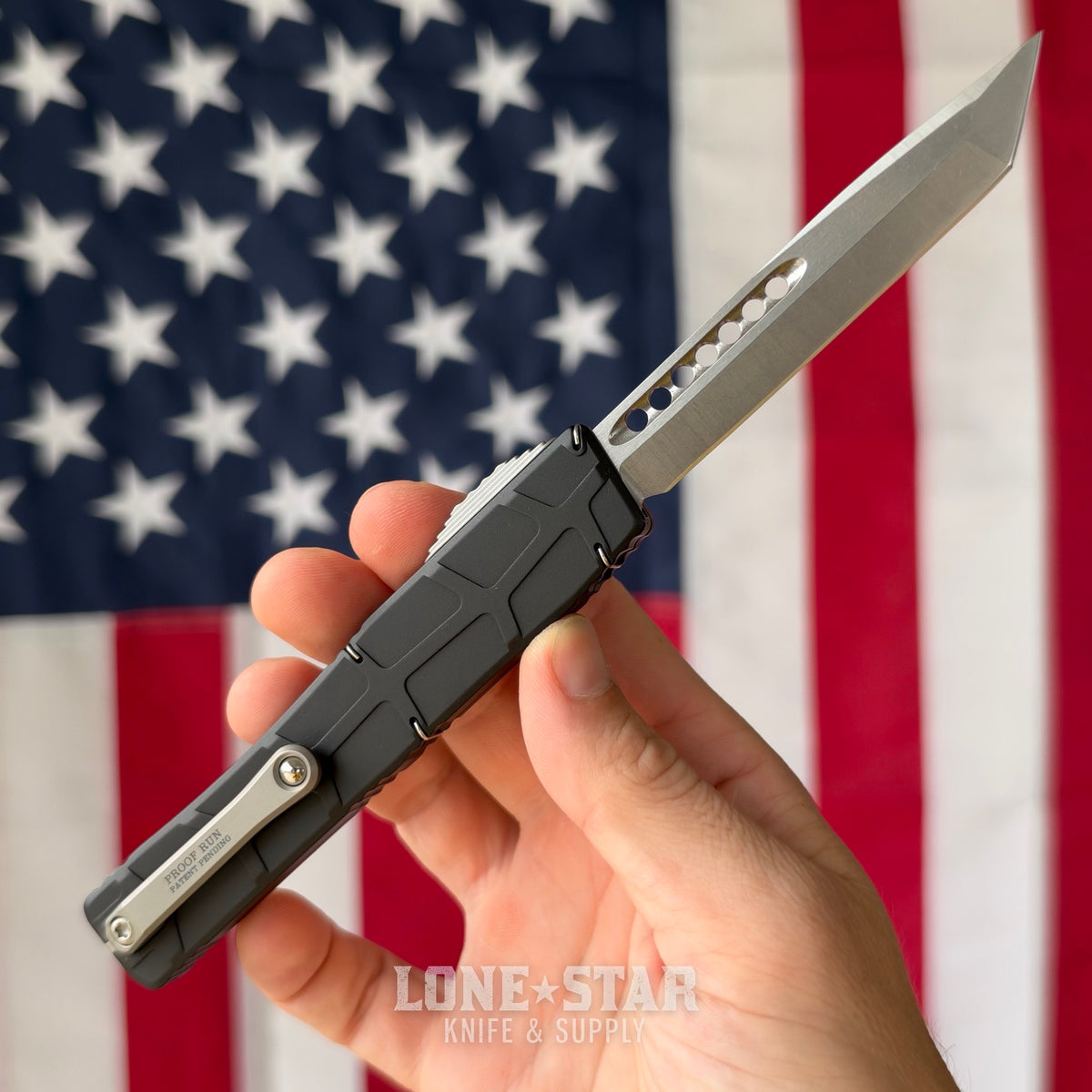 Heretic NYX V2 Tanto OTF Auto - 3.62" Stonewash MagnaCut, Black Chassis, Proof Run Engraved Machined Clip - Made in USA (H015-2A)