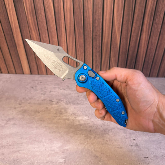 Microtech Stitch Blue Aluminum Apocalyptic, 3.7″ Blade, Made in USA (169-10APBL)