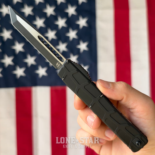 Heretic NYX V2 Tanto OTF Auto - 3.62" Two Tone Black MagnaCut, Black Tactical Chassis, Proof Run Engraved Machined Clip - Made in USA (H015-10A-T-PROOF)