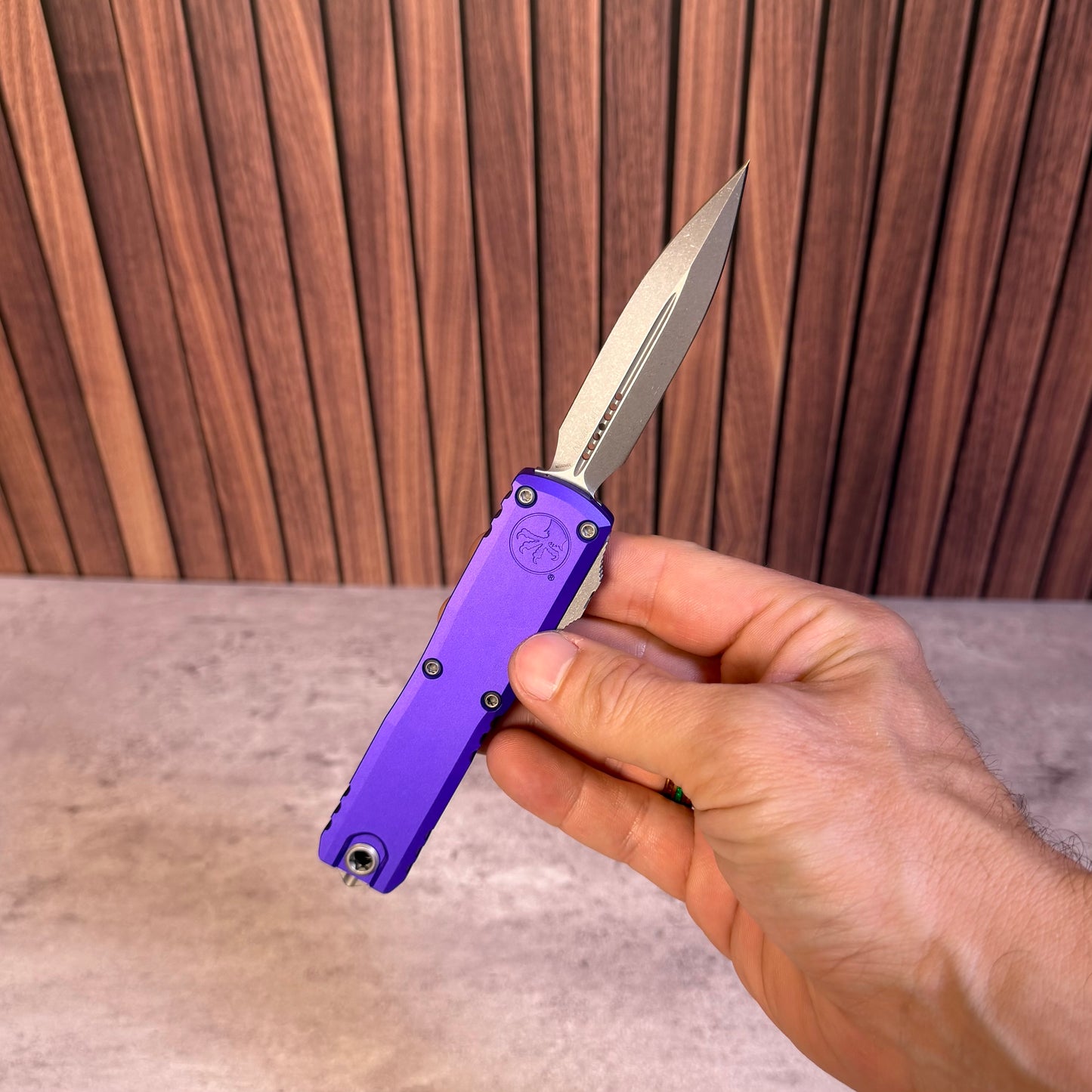 Microtech UTX-85 Gen IV D E Purple Aluminum, 3.1″ M390MK Blade, Apocalyptic, Made in USA (12324-10APPU)