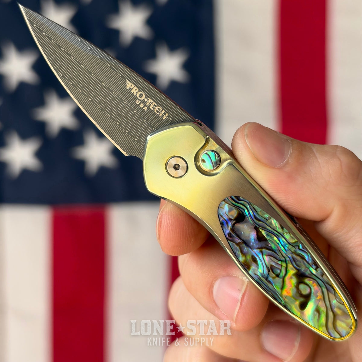 The Back Door: Pro-Tech Sprint Custom Auto, 2" Damascus, Green Anodized Titanium with Abalone Inlay - Made in USA (Trade In)