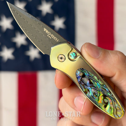 The Back Door: Pro-Tech Sprint Custom Auto, 2" Damascus, Green Anodized Titanium with Abalone Inlay - Made in USA (Trade In)