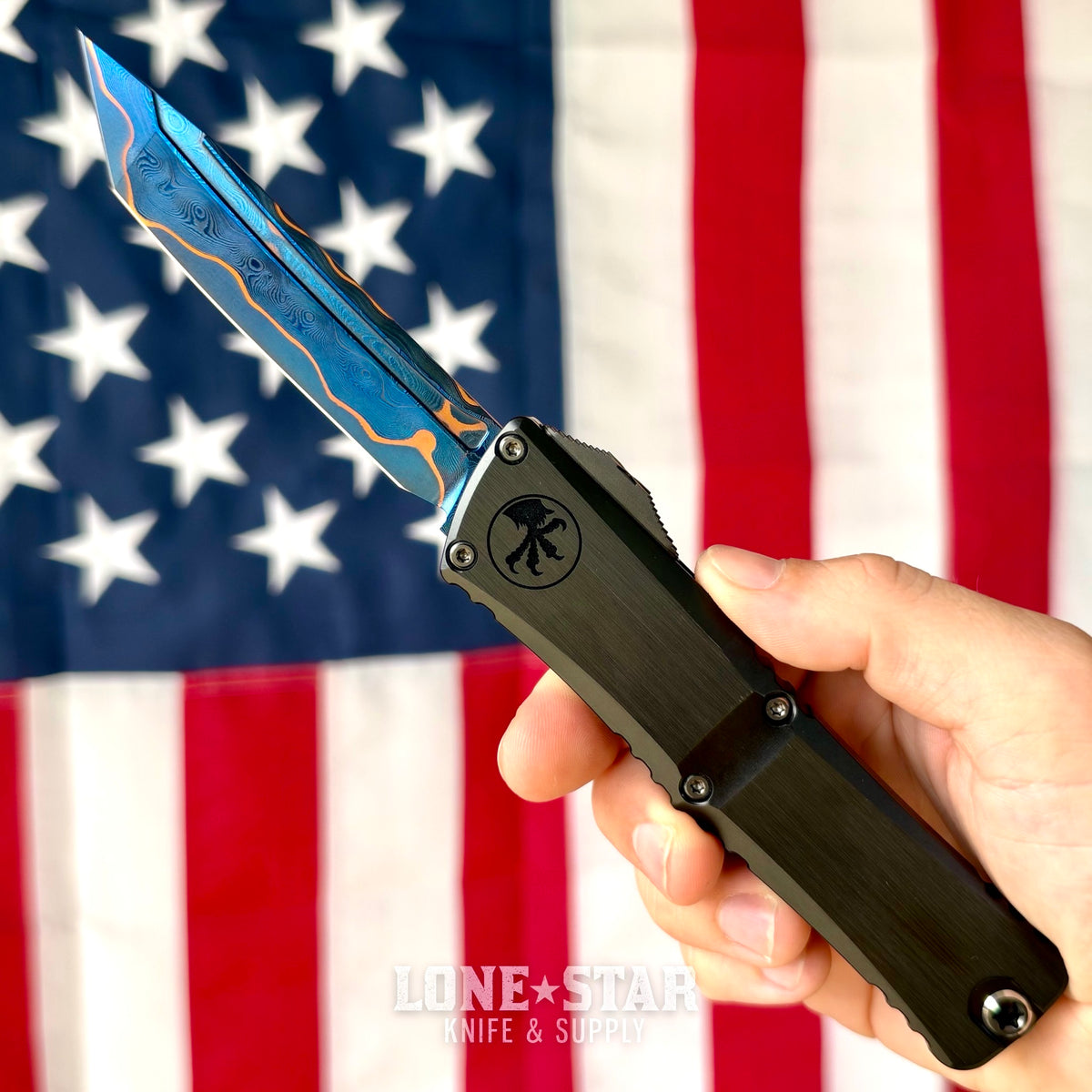 The Back Door: Microtech Marfione Select Combat Troodon Gen III T/E OTF Auto, 4" Blued Baker Forge CopperMai Damascus, Black Handle - Made in USA (1144-16MS2) (Trade In)