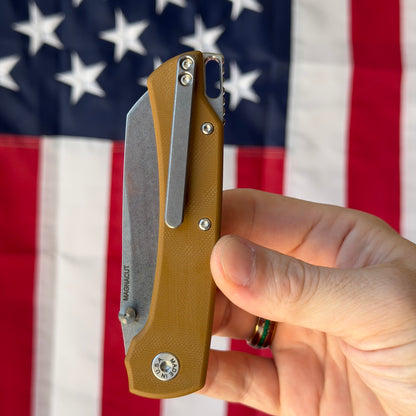The Back Door: ABW Model 3 Manual Tan G10 Knife - MagnaCut Blade - Made in USA (Return)
