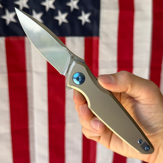 Spartan Blades Pandia Flipper - Titanium Frame Lock, Stonewash MagnaCut, Blue Hardware - Made in USA (SF16SWBL)