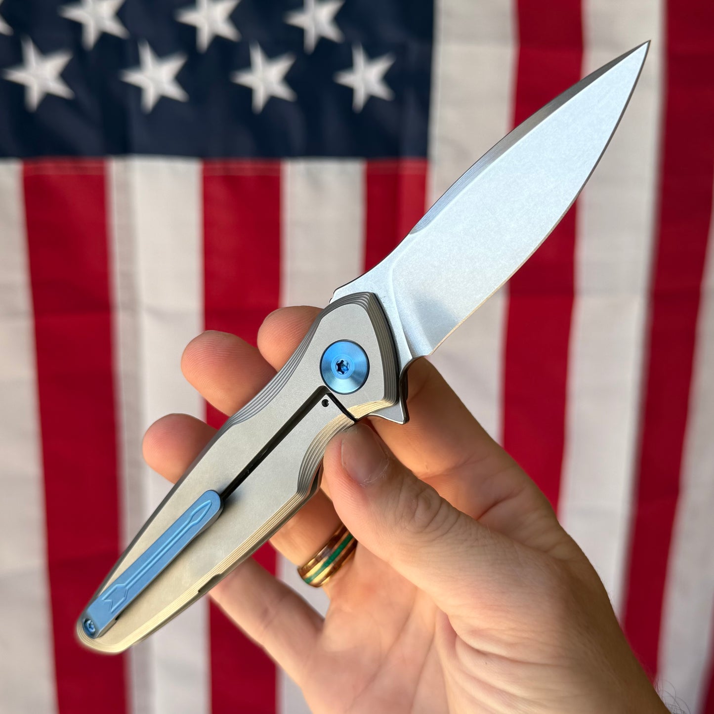 Spartan Blades Pandia Flipper - Titanium Frame Lock, Stonewash MagnaCut, Blue Hardware - Made in USA (SF16SWBL)