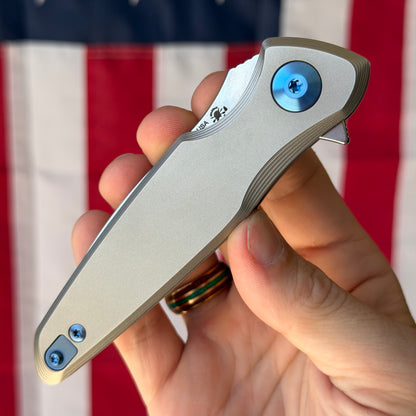Spartan Blades Pandia Flipper - Titanium Frame Lock, Stonewash MagnaCut, Blue Hardware - Made in USA (SF16SWBL)