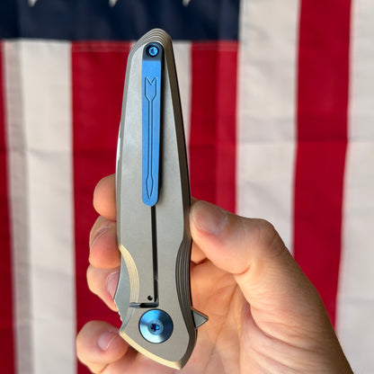Spartan Blades Pandia Flipper - Titanium Frame Lock, Stonewash MagnaCut, Blue Hardware - Made in USA (SF16SWBL)