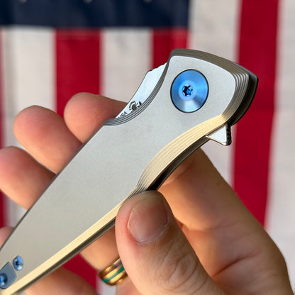 Spartan Blades Pandia Flipper - Titanium Frame Lock, Stonewash MagnaCut, Blue Hardware - Made in USA (SF16SWBL)