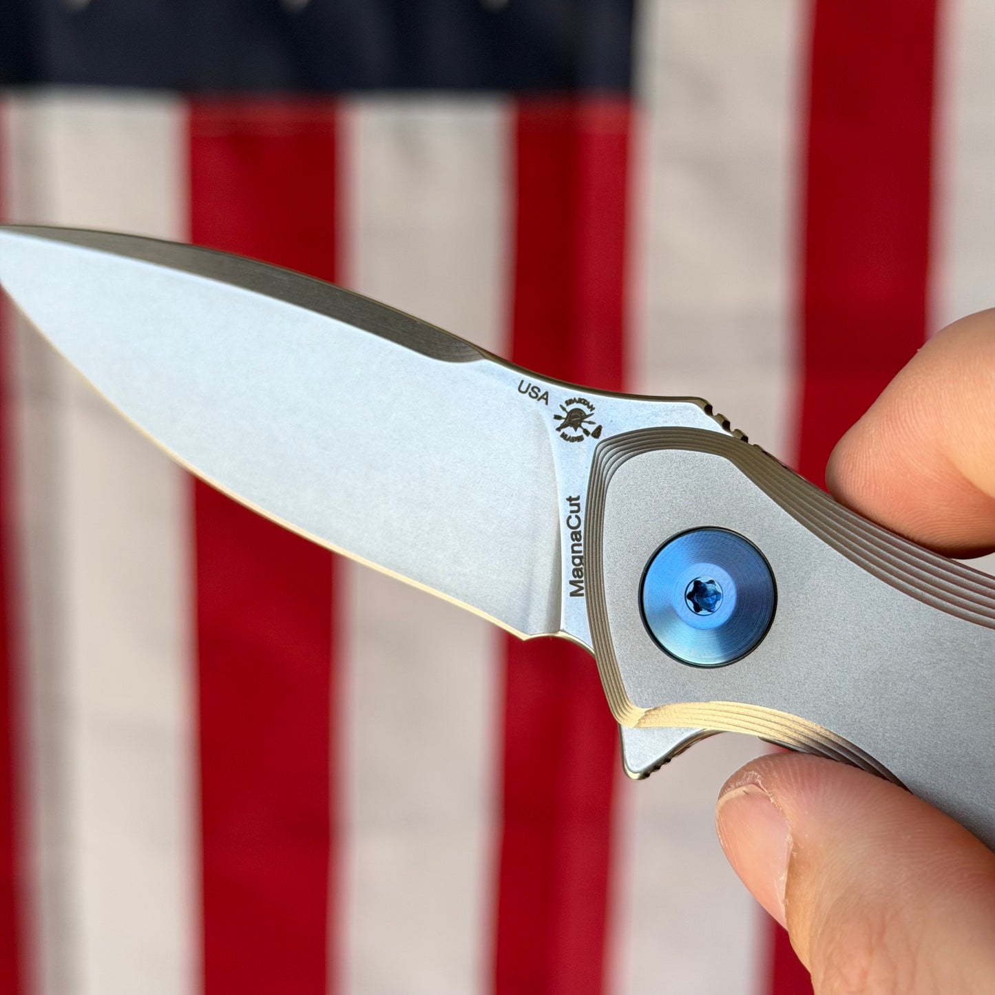 Spartan Blades Pandia Flipper - Titanium Frame Lock, Stonewash MagnaCut, Blue Hardware - Made in USA (SF16SWBL)