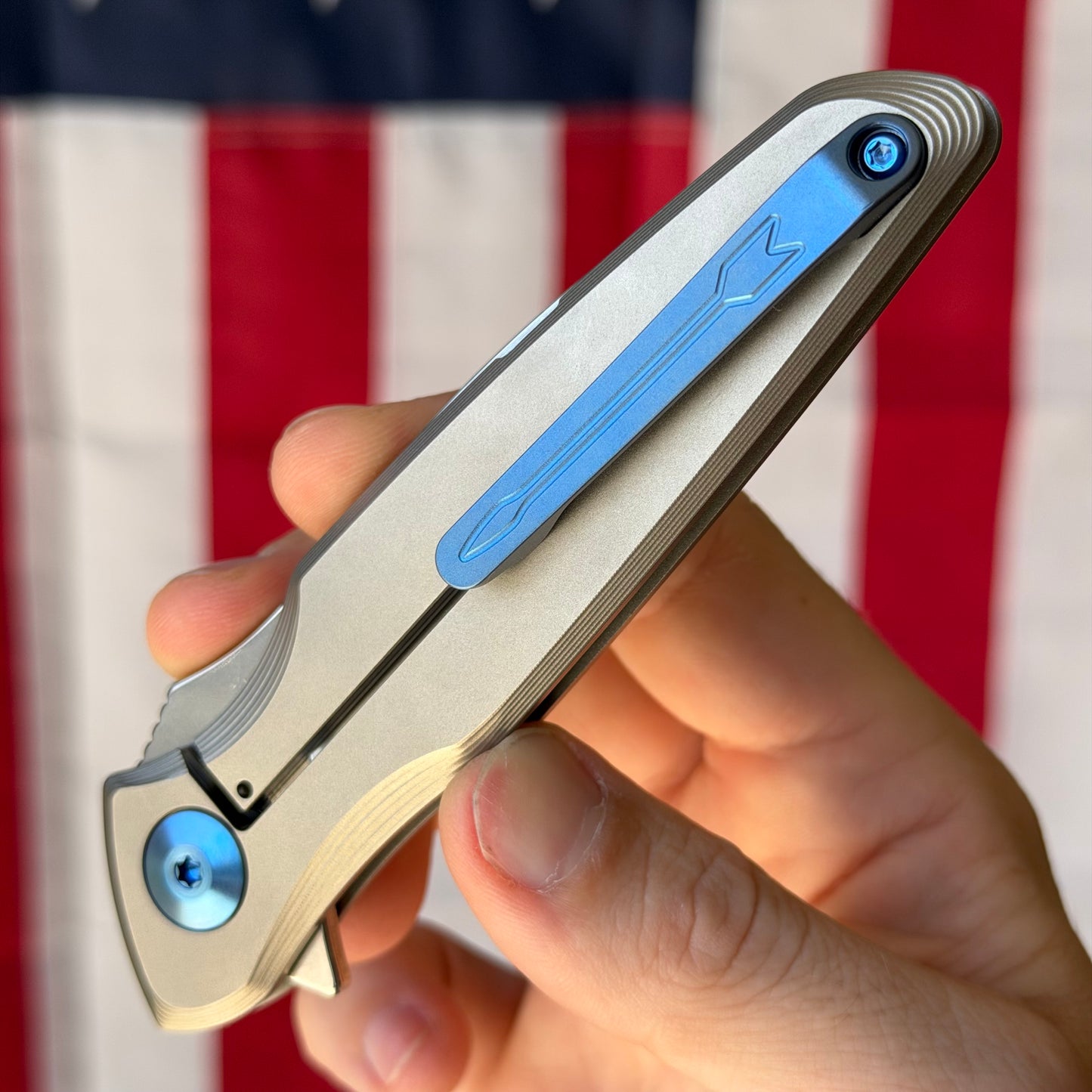 Spartan Blades Pandia Flipper - Titanium Frame Lock, Stonewash MagnaCut, Blue Hardware - Made in USA (SF16SWBL)