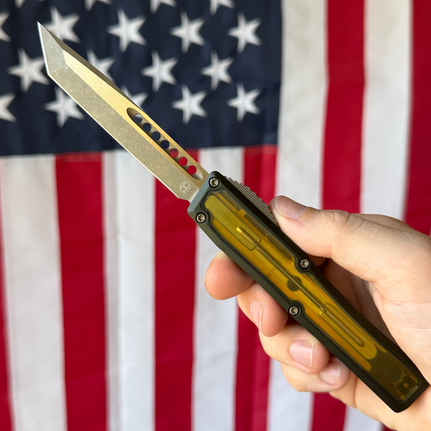 Heretic NYX OTF - Bronze Tanto MagnaCut, OD Green Ultem, Bronze Hardware - Made in USA (H015-7A-GRN-ULTEM)