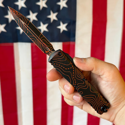 Microtech Ultratech Gen IV OTF - Black and Orange Topographic Camo, M390MK Dagger, Signature Series - Made in USA (11224-1TPBKORCS)