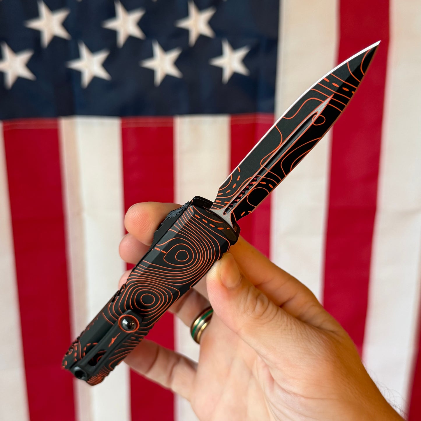 Microtech Ultratech Gen IV OTF - Black and Orange Topographic Camo, M390MK Dagger, Signature Series - Made in USA (11224-1TPBKORCS)