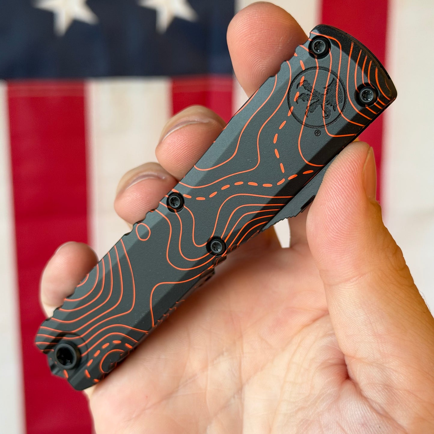 Microtech Ultratech Gen IV OTF - Black and Orange Topographic Camo, M390MK Dagger, Signature Series - Made in USA (11224-1TPBKORCS)