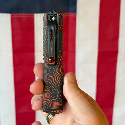 Microtech Ultratech Gen IV OTF - Black and Orange Topographic Camo, M390MK Dagger, Signature Series - Made in USA (11224-1TPBKORCS)