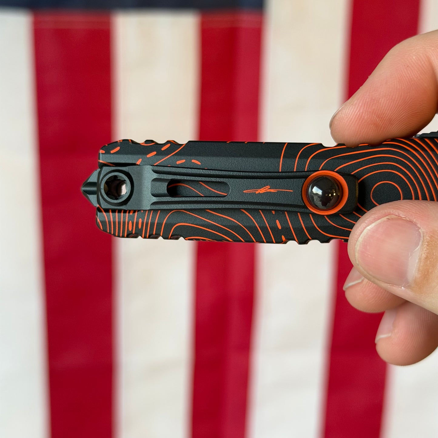 Microtech Ultratech Gen IV OTF - Black and Orange Topographic Camo, M390MK Dagger, Signature Series - Made in USA (11224-1TPBKORCS)
