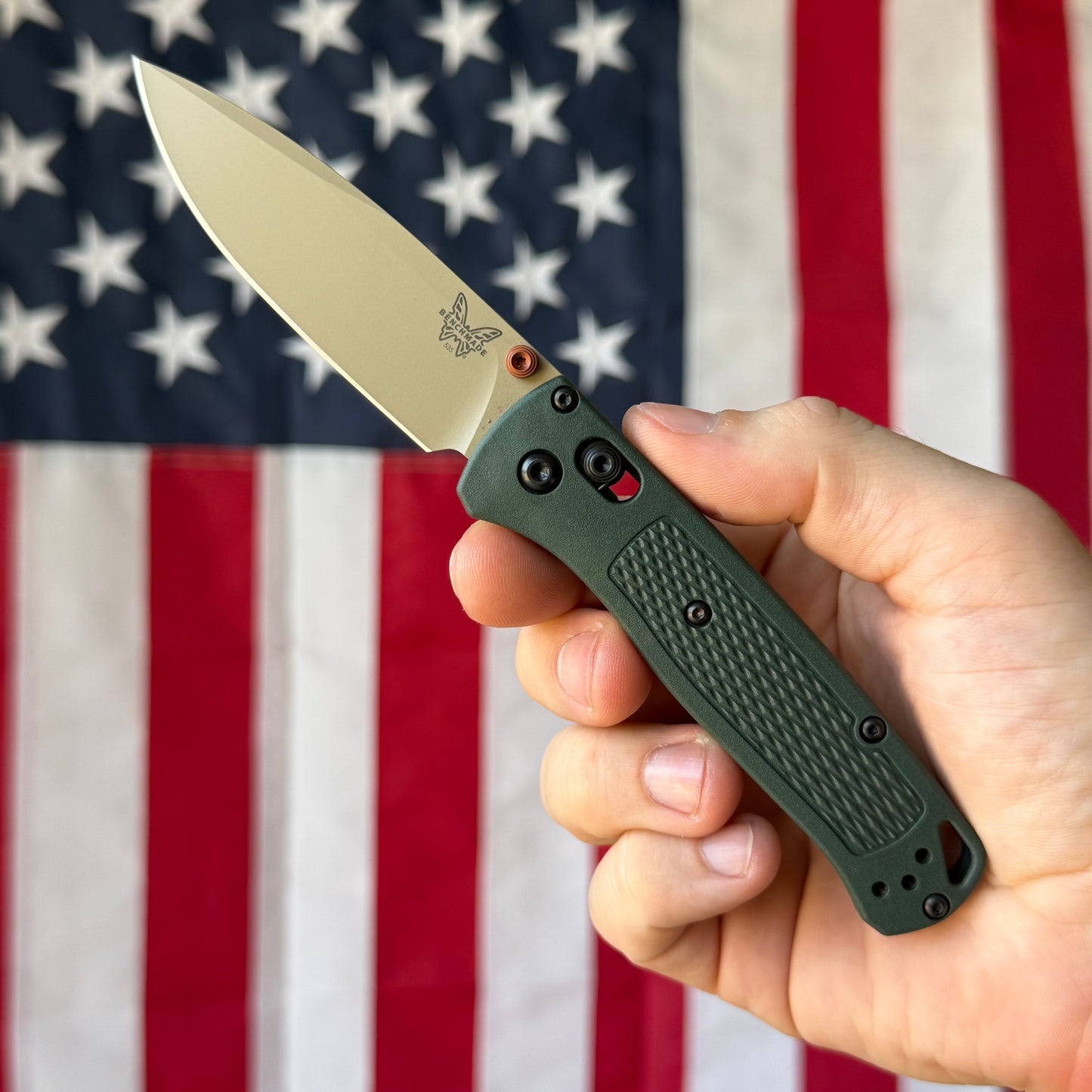 The Back Door: Benchmade Bugout Knife – Taiga Green Grivory Handle, McMillan Tan ELMAX Blade, AXIS Lock – Made in USA (535TN-2601) (Used - Like New)