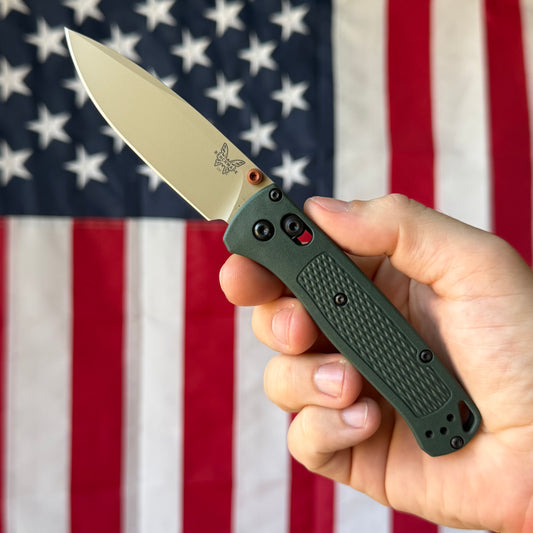 The Back Door: Benchmade Bugout Knife – Taiga Green Grivory Handle, McMillan Tan ELMAX Blade, AXIS Lock – Made in USA (535TN-2601) (Used - Like New)