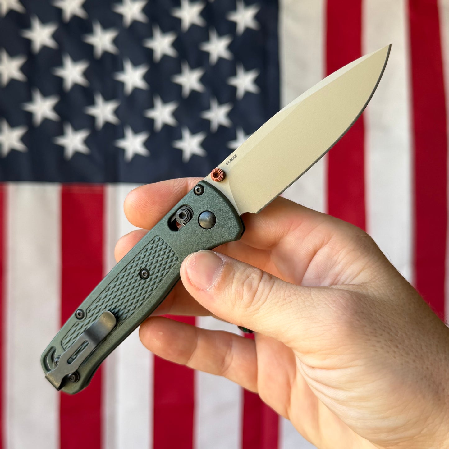 The Back Door: Benchmade Bugout Knife – Taiga Green Grivory Handle, McMillan Tan ELMAX Blade, AXIS Lock – Made in USA (535TN-2601) (Used - Like New)