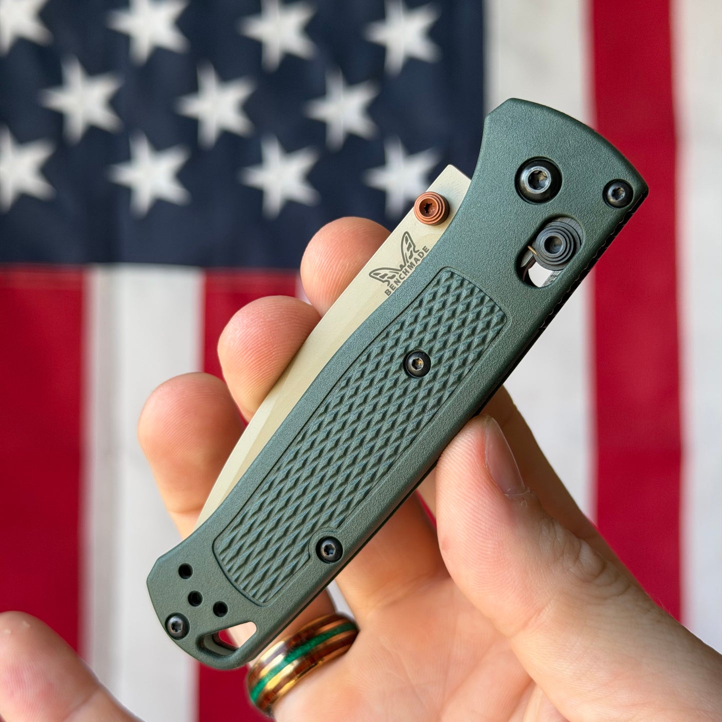 The Back Door: Benchmade Bugout Knife – Taiga Green Grivory Handle, McMillan Tan ELMAX Blade, AXIS Lock – Made in USA (535TN-2601) (Used - Like New)