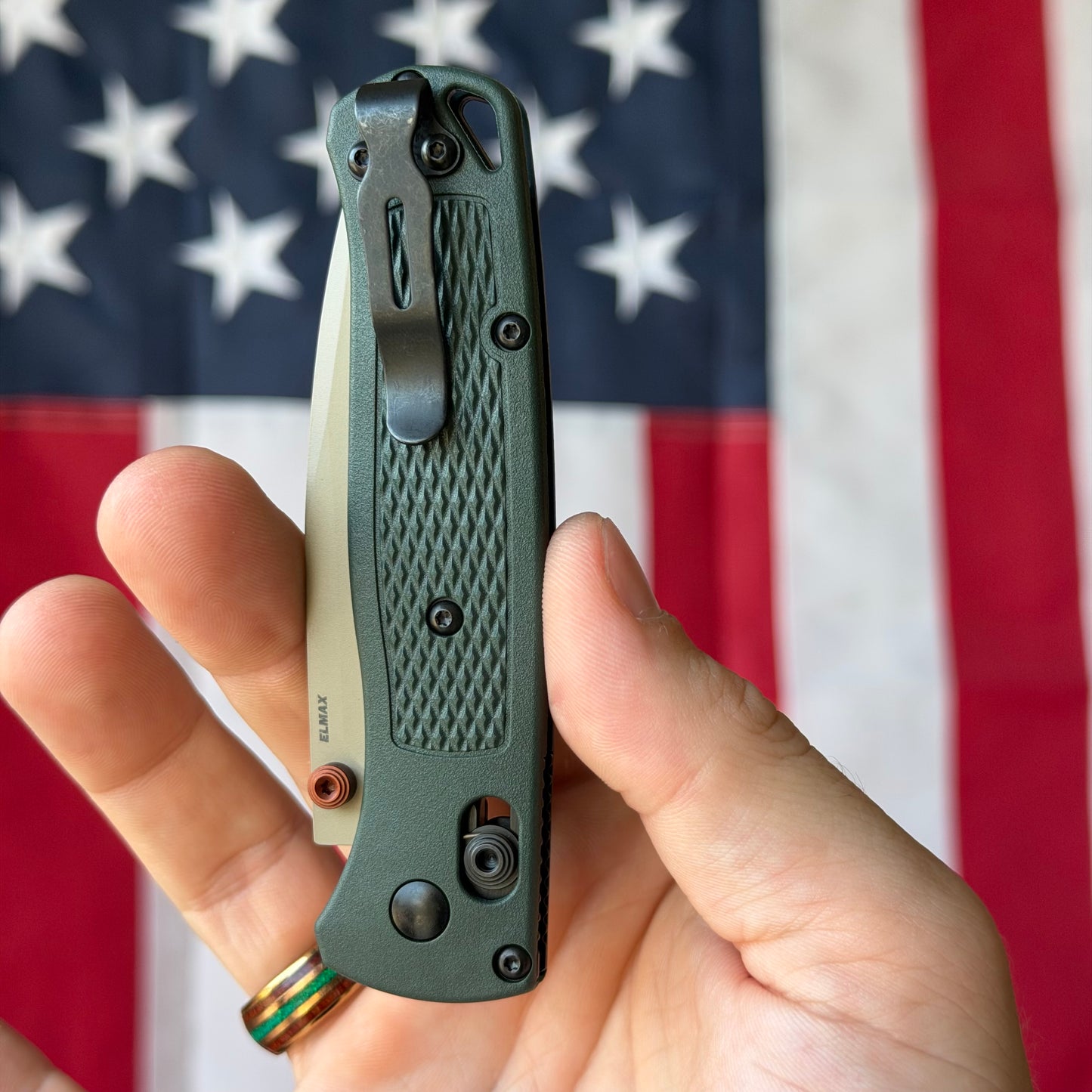 The Back Door: Benchmade Bugout Knife – Taiga Green Grivory Handle, McMillan Tan ELMAX Blade, AXIS Lock – Made in USA (535TN-2601) (Used - Like New)