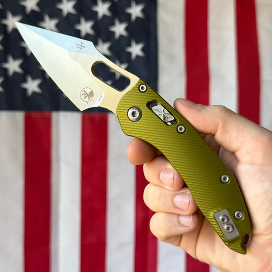 The Back Door: Used - Microtech Stitch RAM-LOK 169RL-10FLOD 3.625" Spear Point, M390MK Stonewash, OD Green Fluted Aluminum, Manual - Made in USA
