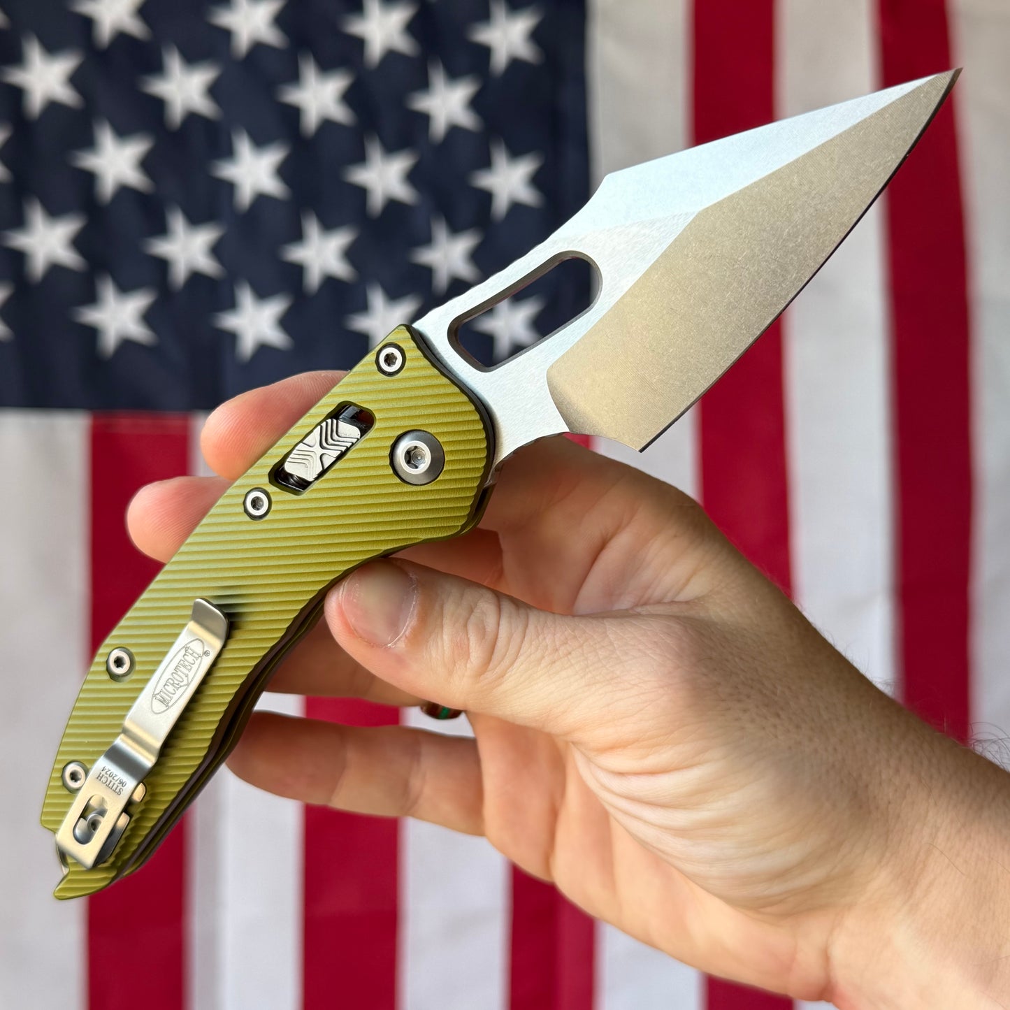 The Back Door: Used - Microtech Stitch RAM-LOK 169RL-10FLOD 3.625" Spear Point, M390MK Stonewash, OD Green Fluted Aluminum, Manual - Made in USA