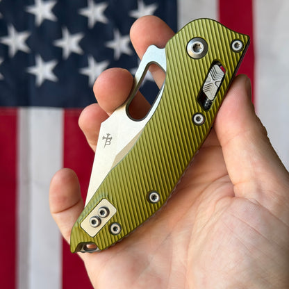 The Back Door: Used - Microtech Stitch RAM-LOK 169RL-10FLOD 3.625" Spear Point, M390MK Stonewash, OD Green Fluted Aluminum, Manual - Made in USA