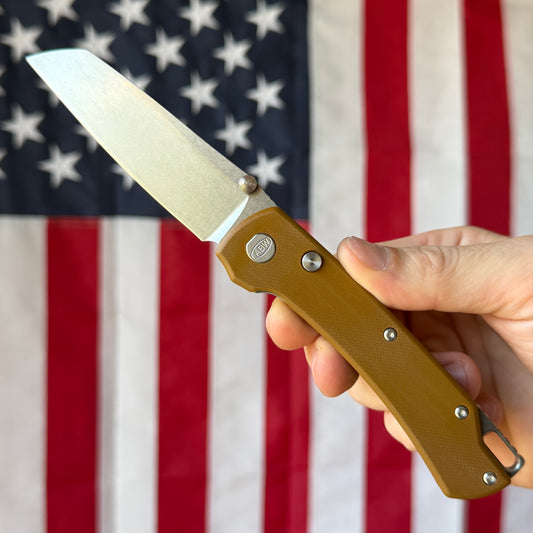 The Back Door: Used - American Blade Works Model 3 3.3" Sheepsfoot, CPM-MagnaCut, Tan G10 - Made in USA