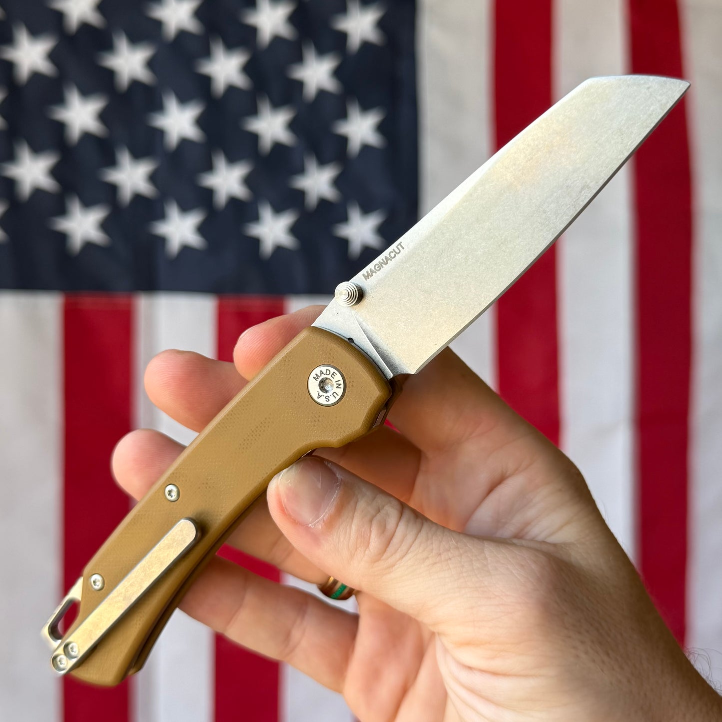 The Back Door: Used - American Blade Works Model 3 3.3" Sheepsfoot, CPM-MagnaCut, Tan G10 - Made in USA