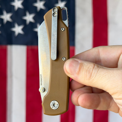 The Back Door: Used - American Blade Works Model 3 3.3" Sheepsfoot, CPM-MagnaCut, Tan G10 - Made in USA