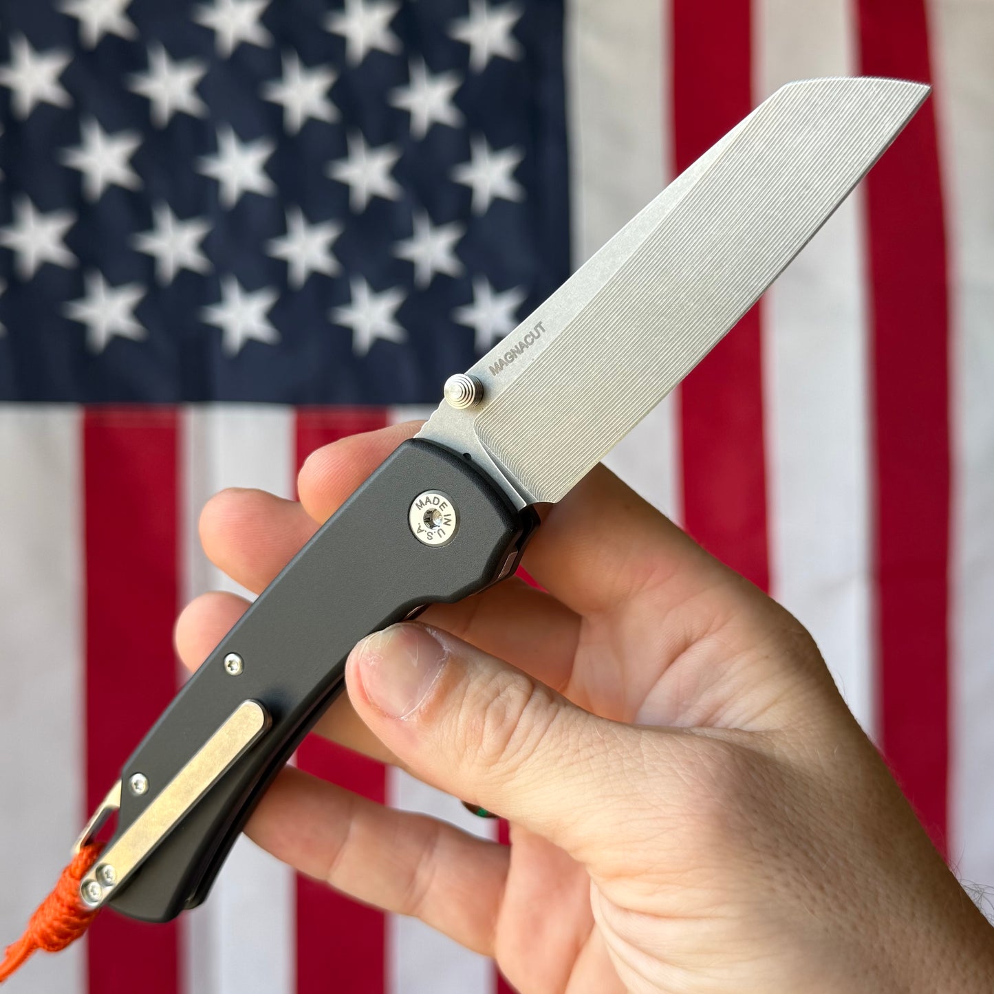 The Back Door: Demo - American Blade Works Model 3 Auto 3.3" Sheepsfoot, CPM-MagnaCut Stonewash, Black Aluminum - Made in USA