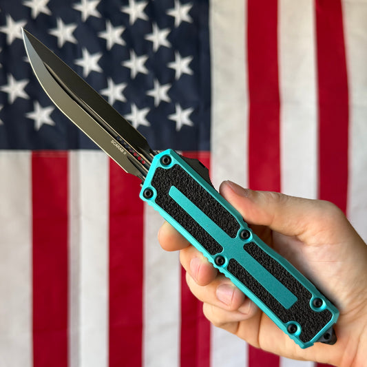 The Back Door: Used - Microtech Scarab II Gen III 1180-1TQ 3.875" D/E Drop Point, M390MK Black, Turquoise Aluminum, OTF Automatic - Made in USA