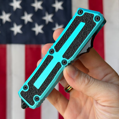 The Back Door: Used - Microtech Scarab II Gen III 1180-1TQ 3.875" D/E Drop Point, M390MK Black, Turquoise Aluminum, OTF Automatic - Made in USA