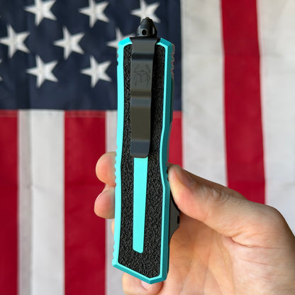 The Back Door: Used - Microtech Scarab II Gen III 1180-1TQ 3.875" D/E Drop Point, M390MK Black, Turquoise Aluminum, OTF Automatic - Made in USA