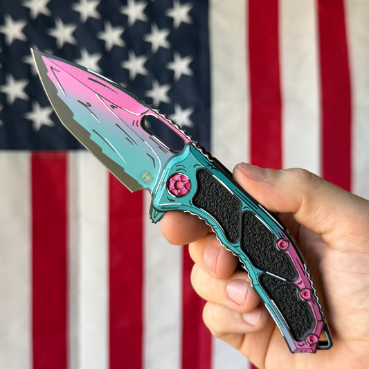 The Back Door: Used - Heretic Miami Vice Medusa Manual H009-CS-MV 3.00" Tanto, CPM-MagnaCut Cel Shade, Aluminum, Frame Lock - Made in USA