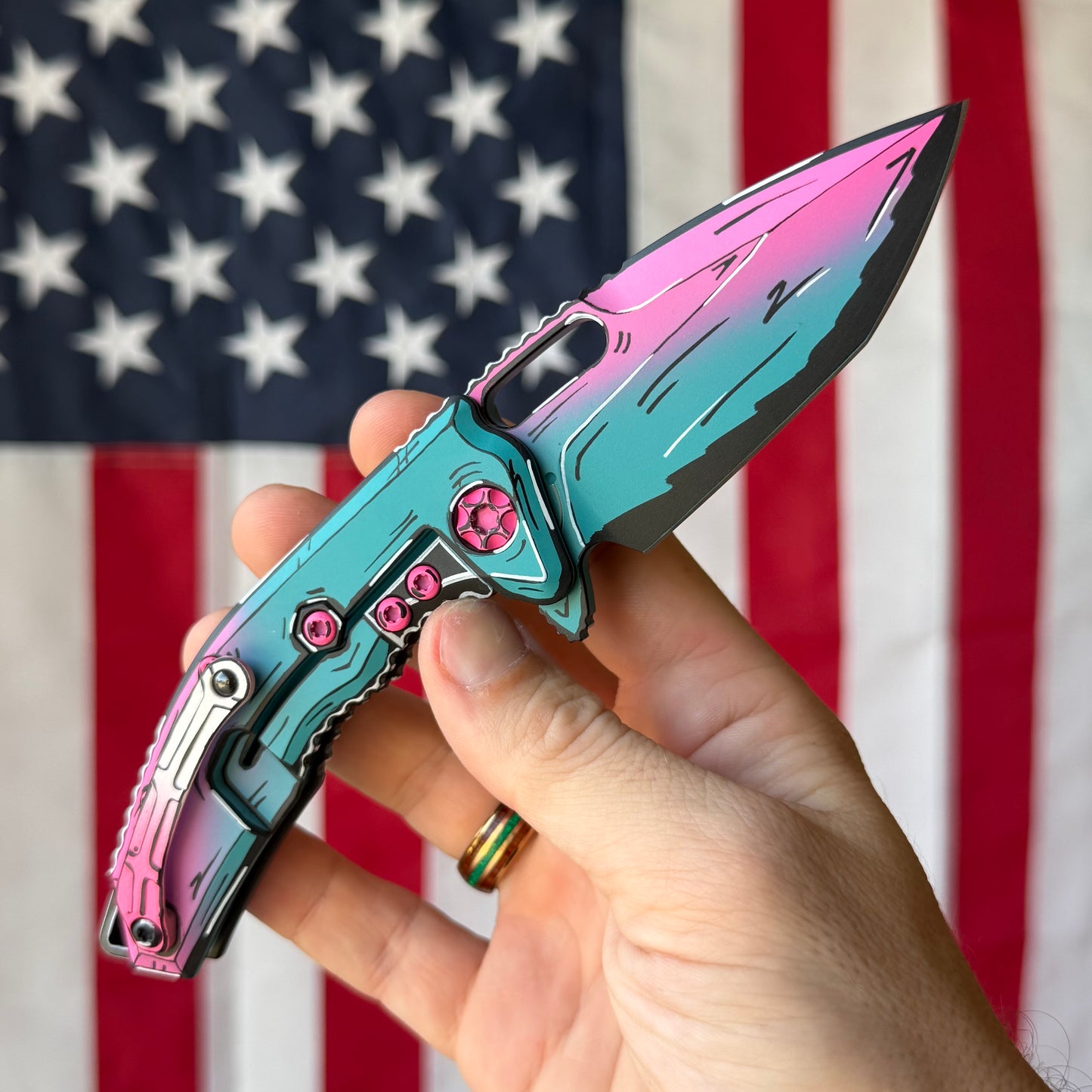 The Back Door: Used - Heretic Miami Vice Medusa Manual H009-CS-MV 3.00" Tanto, CPM-MagnaCut Cel Shade, Aluminum, Frame Lock - Made in USA