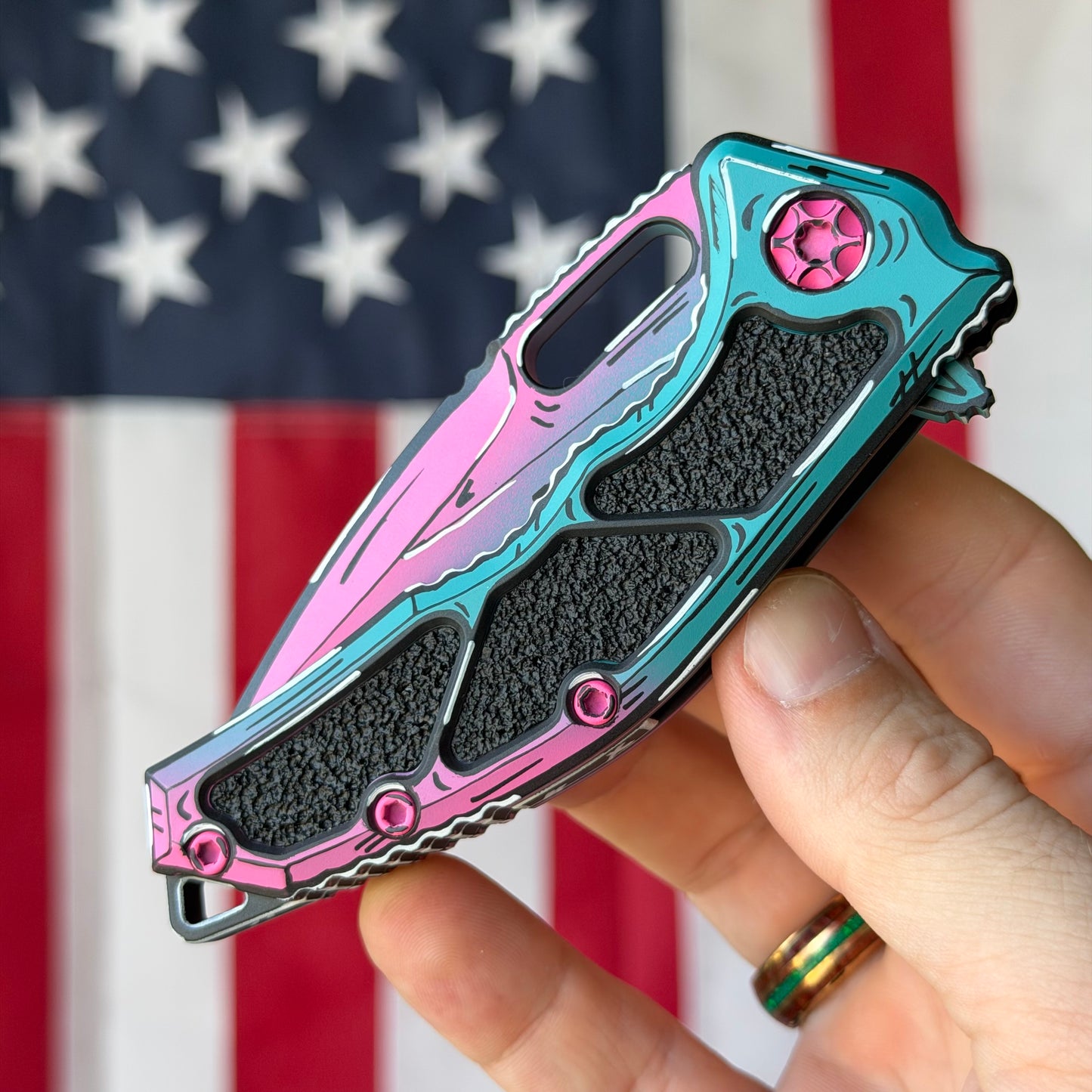 The Back Door: Used - Heretic Miami Vice Medusa Manual H009-CS-MV 3.00" Tanto, CPM-MagnaCut Cel Shade, Aluminum, Frame Lock - Made in USA