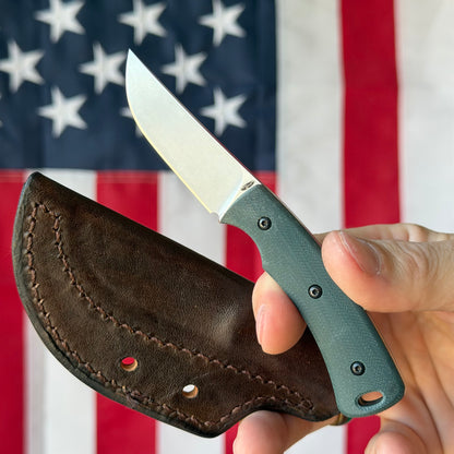 The Back Door: Used - TRM TAGALONG MagnaCut Fixed Blade, Forest Green G10, Leather Pocket Sheath - Made in USA