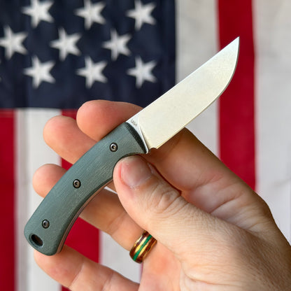 The Back Door: Used - TRM TAGALONG MagnaCut Fixed Blade, Forest Green G10, Leather Pocket Sheath - Made in USA