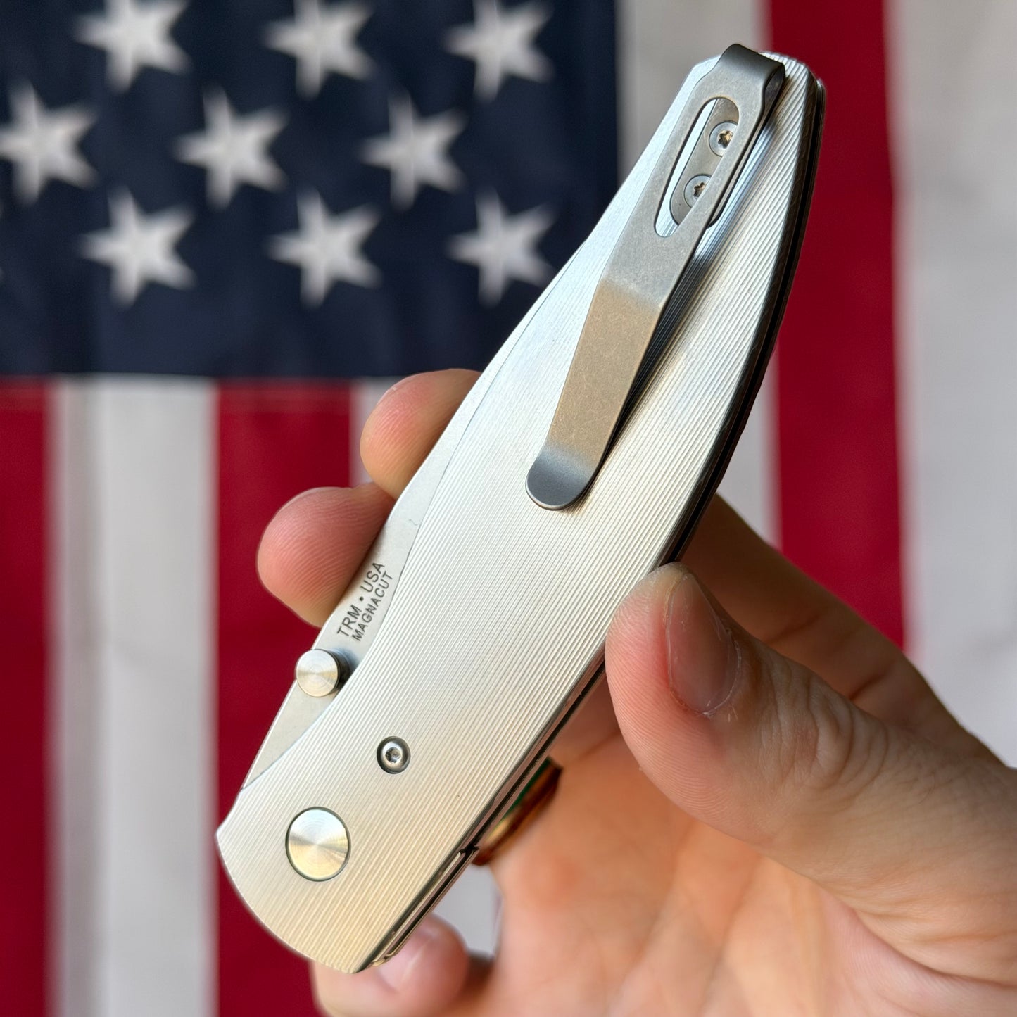 The Back Door: Demo - TRM ATOM 3.50" Drop Point, CPM-MagnaCut, Pinstripe 3D Titanium, Liner Lock - Made in USA