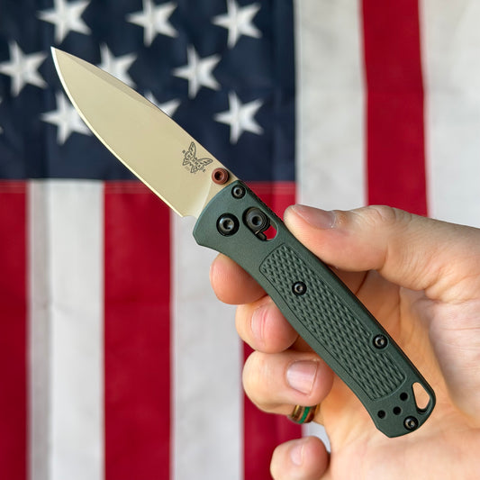 The Back Door: Demo - Benchmade Mini Bugout 533TN-2601 2.82" Drop Point, Elmax Tan Cerakote, Taiga Green Grivory, AXIS Lock - Made in USA