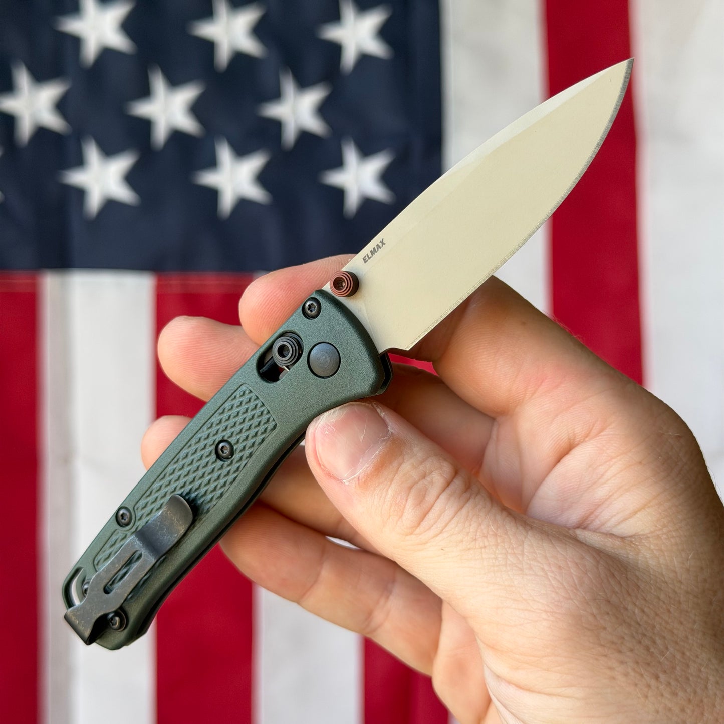 The Back Door: Demo - Benchmade Mini Bugout 533TN-2601 2.82" Drop Point, Elmax Tan Cerakote, Taiga Green Grivory, AXIS Lock - Made in USA