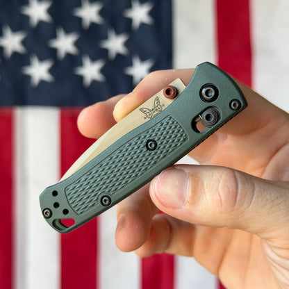 The Back Door: Demo - Benchmade Mini Bugout 533TN-2601 2.82" Drop Point, Elmax Tan Cerakote, Taiga Green Grivory, AXIS Lock - Made in USA